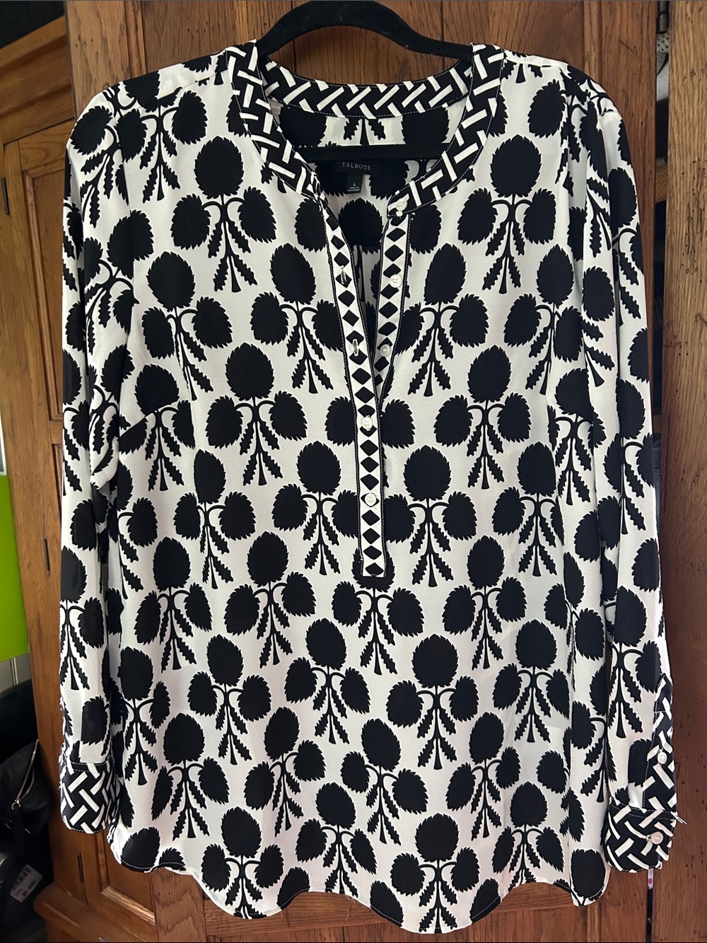 Talbots Black and White Floral-Print Tunic with Geometric Trim